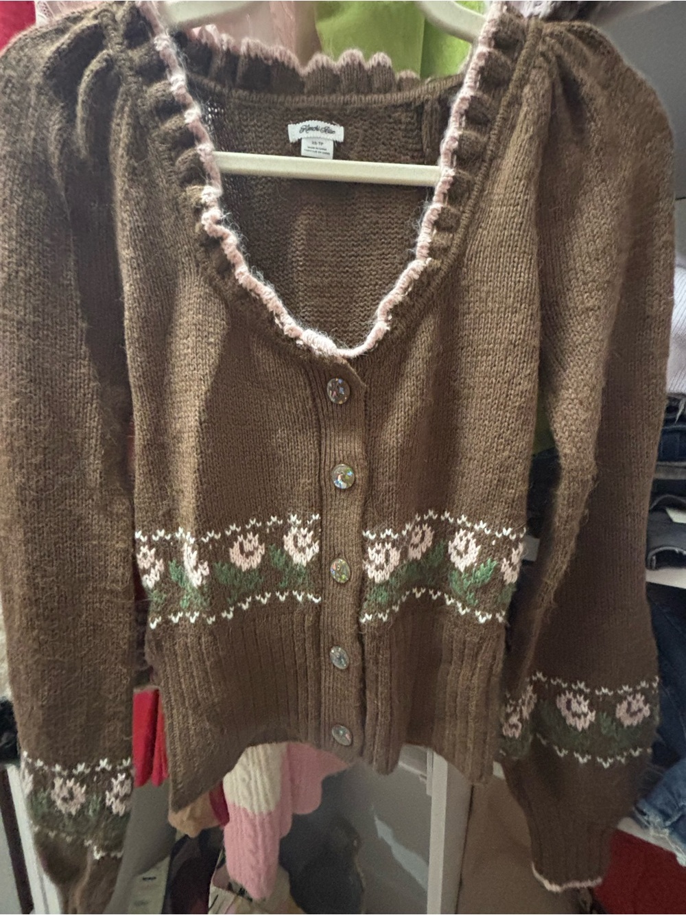 Urban Outfitters Kimchi Blue Brown Knit Cardigan with Pink & Green Floral Trim - Picture 8 of 8